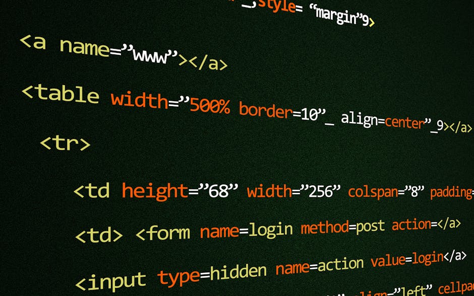 Close-up view of a laptop displaying a screen filled with lines of HTML code on the left and a large, orange calculator interface on the right, with visible buttons for basic operations and a blank di